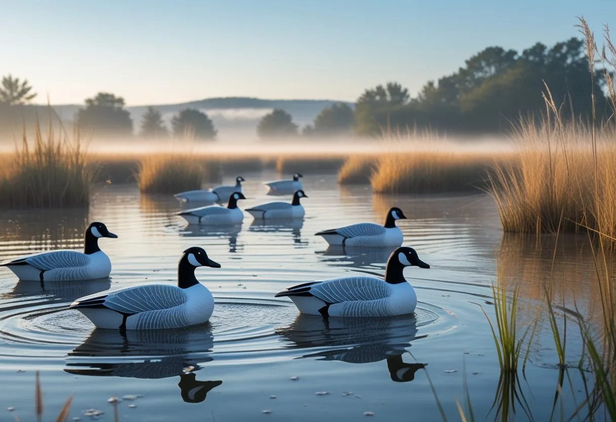 Several realistic snow goose decoys floating on calm water surrounded by reeds and grasses in a wetland at sunrise.