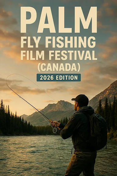 A cinematic outdoor scene of a Canadian PALM Fly Fishing Film Festival. A group of anglers and filmmakers gather near a wild Atlantic salmon river surrounded by boreal forest. Fly rods, camera gear, and conservation banners are visible. The setting is rustic and natural, with dramatic lighting and teal-orange tones. The atmosphere is celebratory and educational, capturing the spirit of Canadian fly fishing culture.