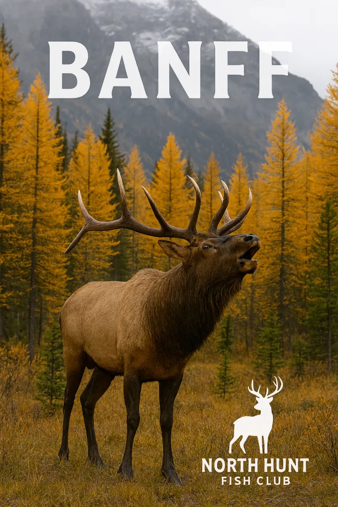 “Bull elk bugling in golden larch forest during autumn in Banff, one of the most iconic Canadian National Parks .”