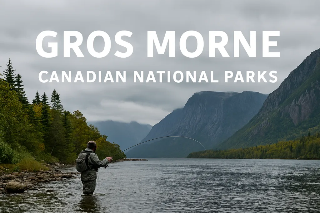 “Fly fisherman casting into the Lomond River surrounded by fjords and boreal forest in Gros Morne, a rugged gem among Canadian National Parks.”