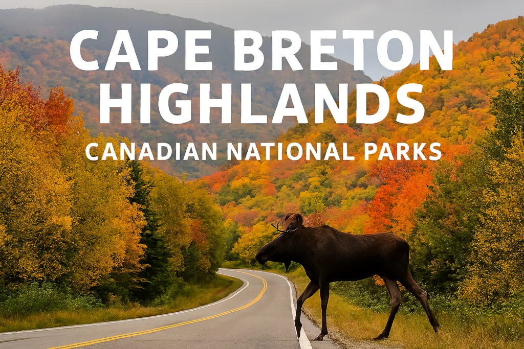 “Moose walking through vibrant fall foliage along the Cabot Trail in Cape Breton Highlands, a scenic treasure of Canadian National Parks.”