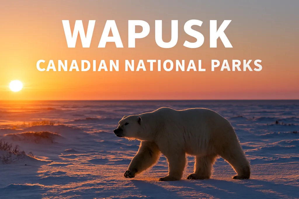 “Polar bear crossing snow-covered tundra at sunrise in Wapusk, one of the most remote and Arctic Canadian National Parks.”