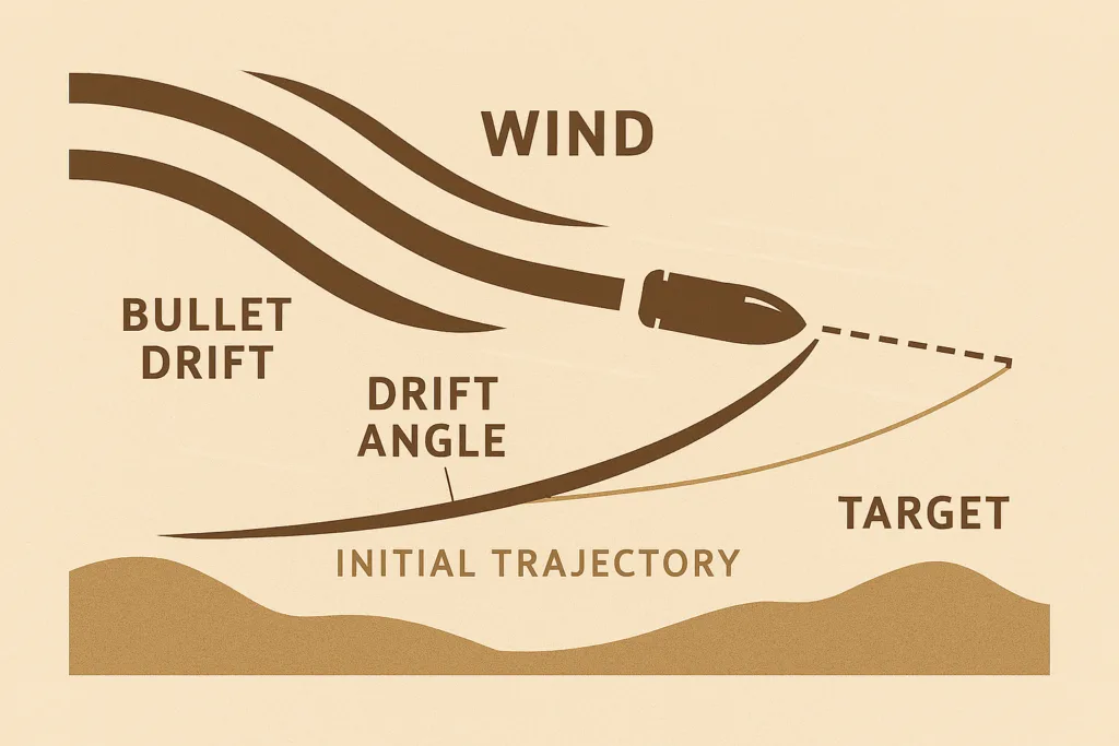 “Minimalist infographic illustrating wind drift on a bullet, with curved wind lines pushing the projectile off its initial trajectory toward a labeled target.” Shooting the wind