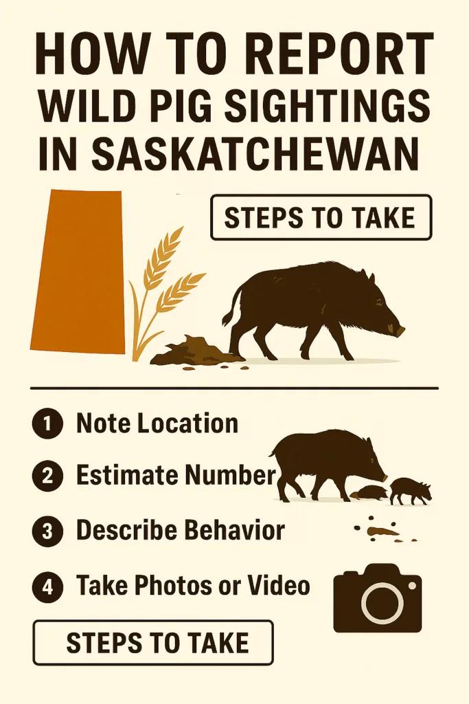 infographic illustrates how to report wild pig sightings in Saskatchewan