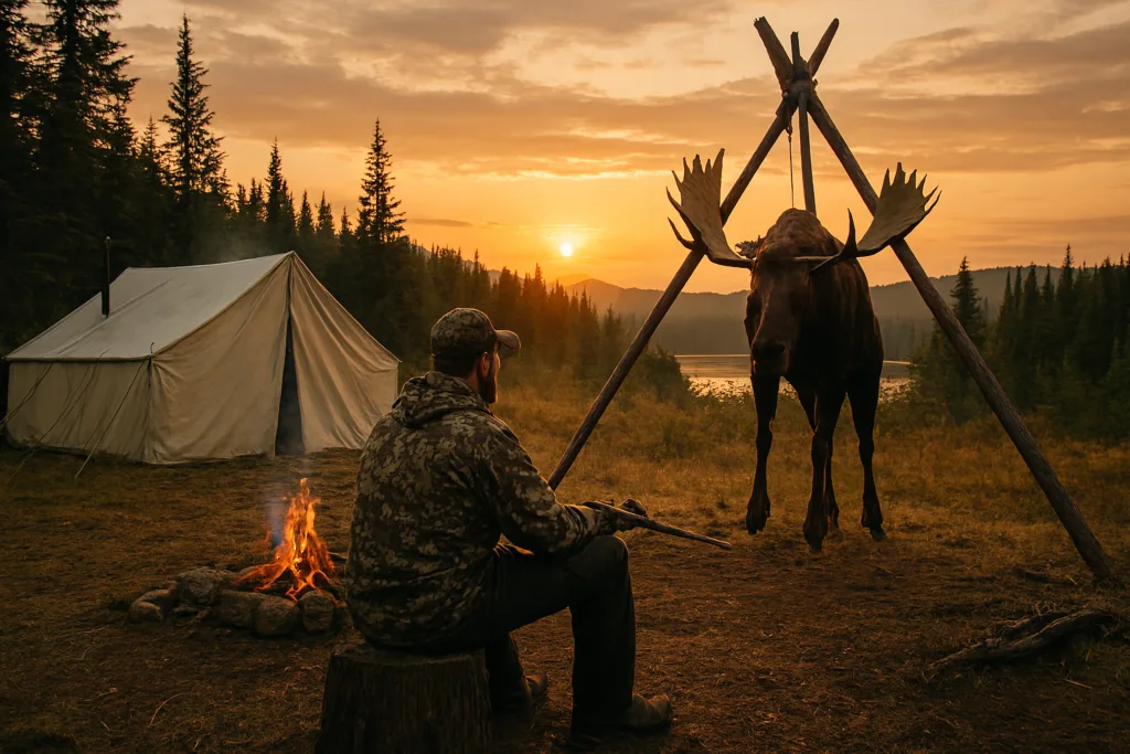 Moose Hunting Camps.  Hunter in camouflage sits at sunrise in a remote moose hunting camp, gazing at a hanging bull moose beside a canvas wall tent and campfire, surrounded by dense forest and a misty northern lake.