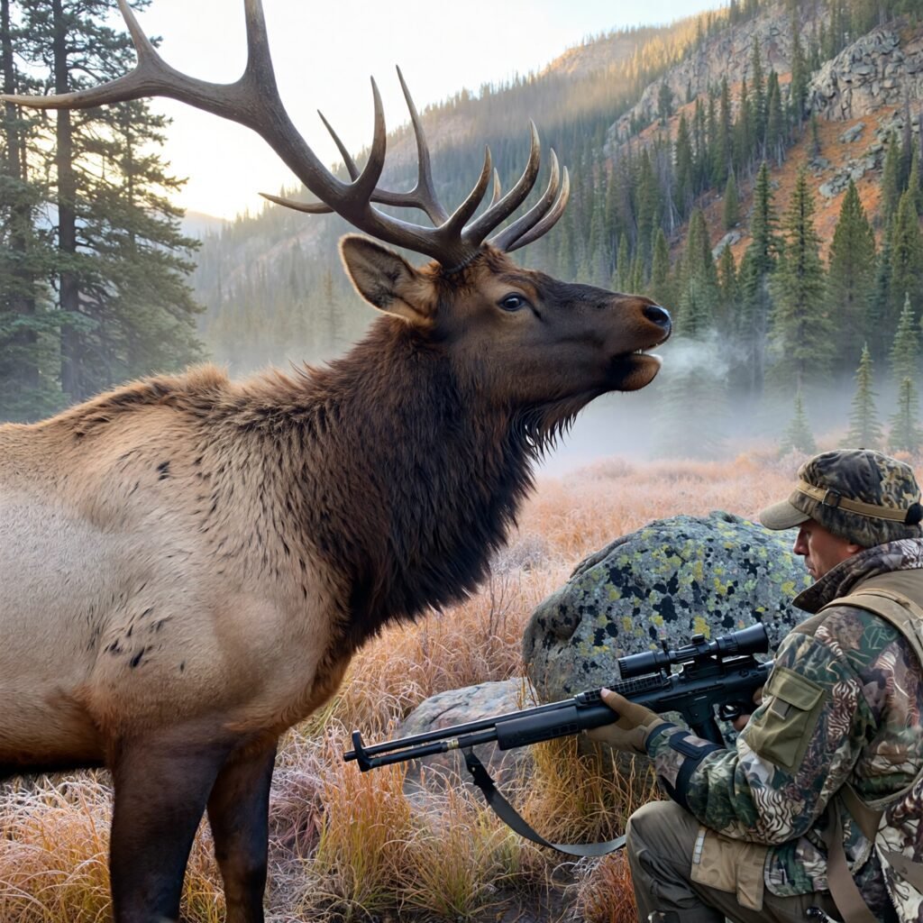 Hunter aiming at majestic elk.